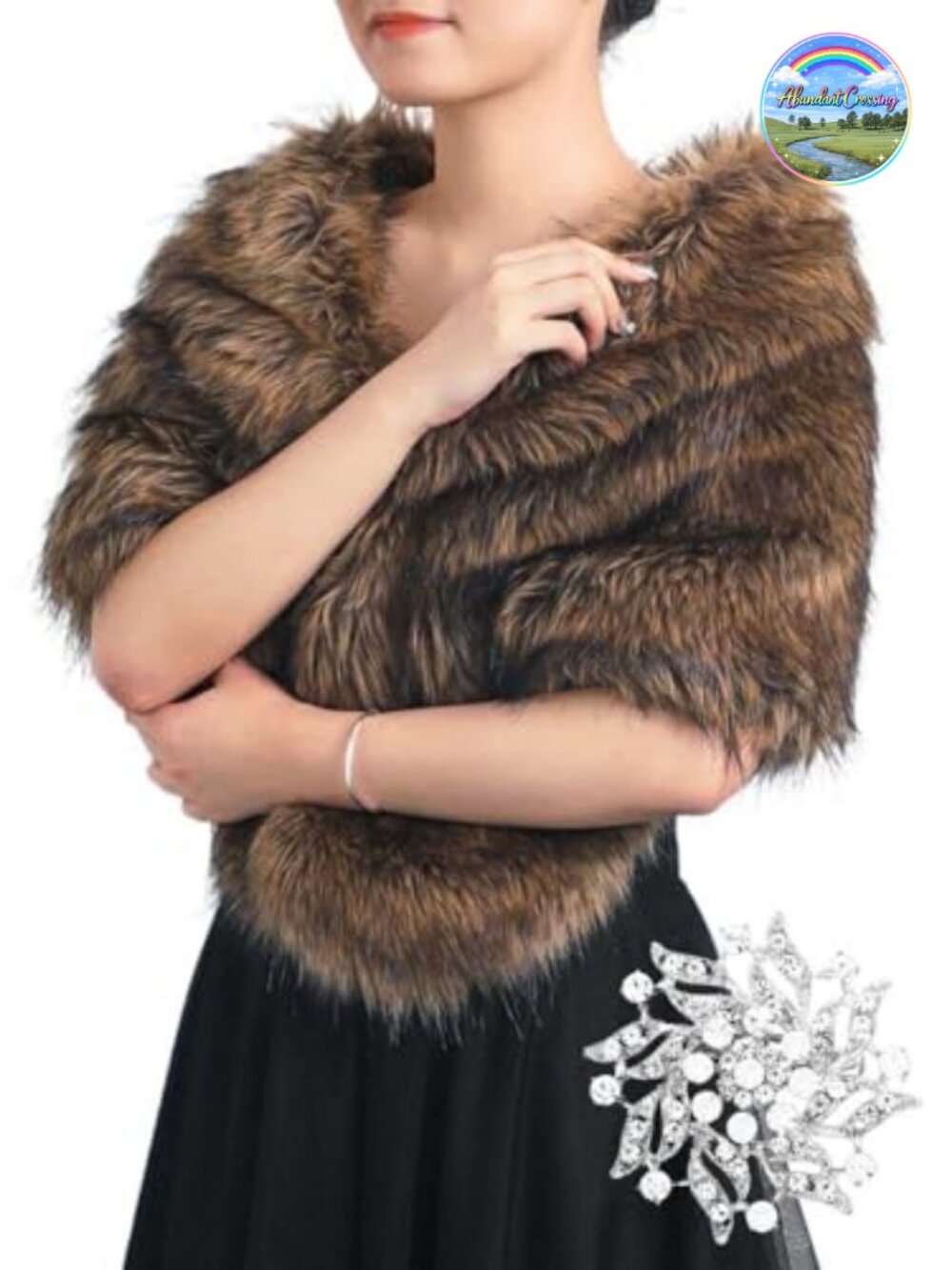 Faux Fur Wedding Shawl Wrap Bridal Stole with Brooch Women Formal